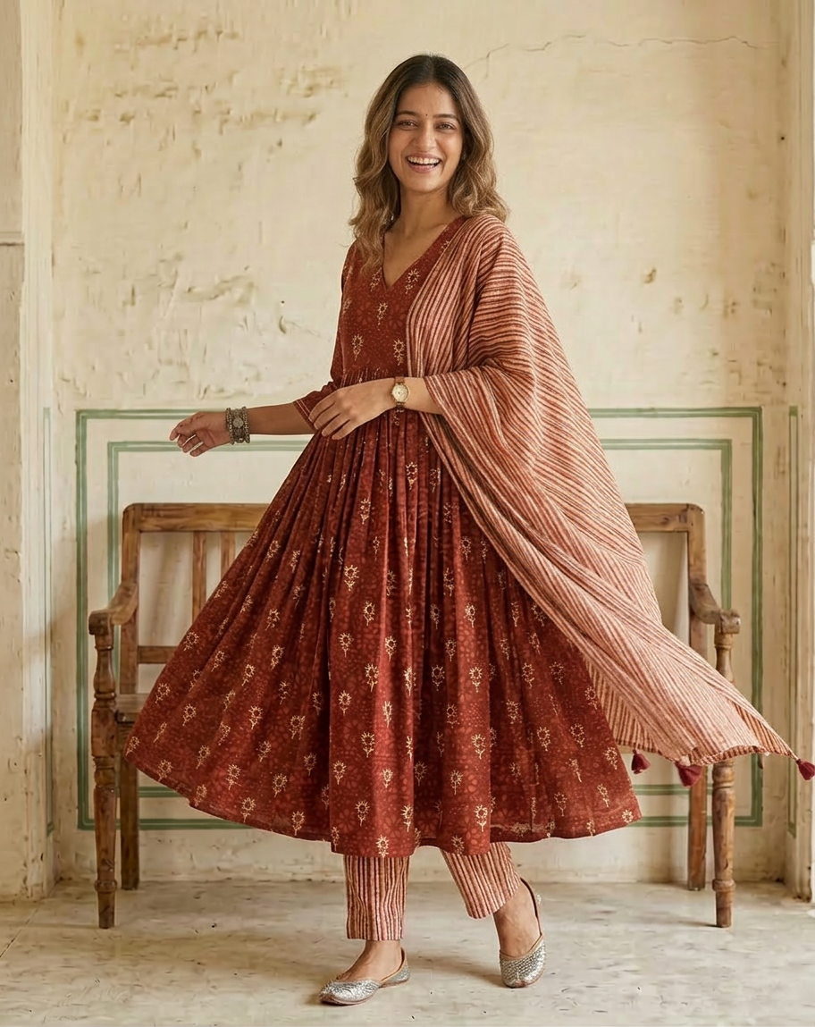 Red Dabu Cotton Anarkali Suit Set