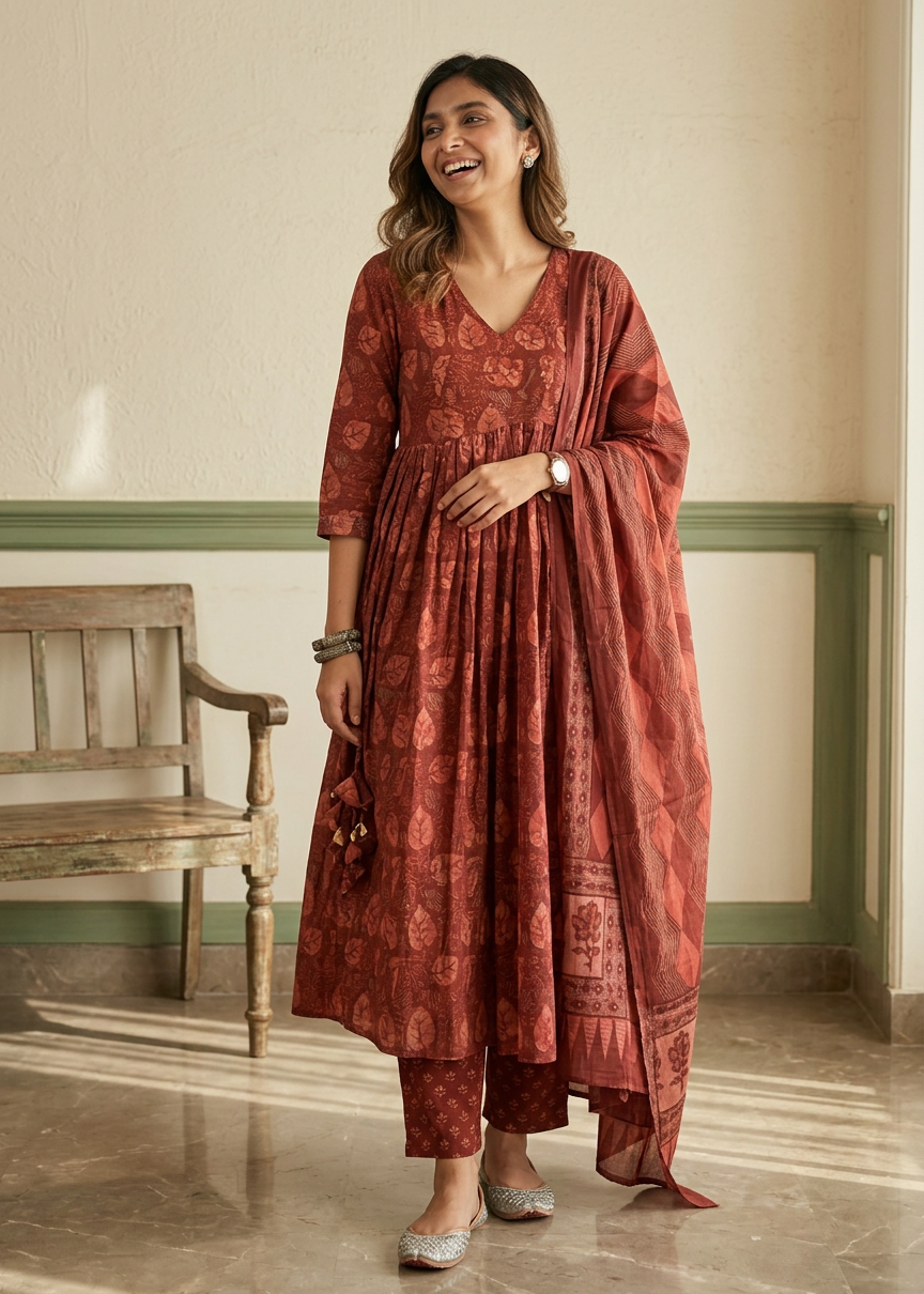 Dabu Print Cotton Alia Cut Anarkali Suit Set