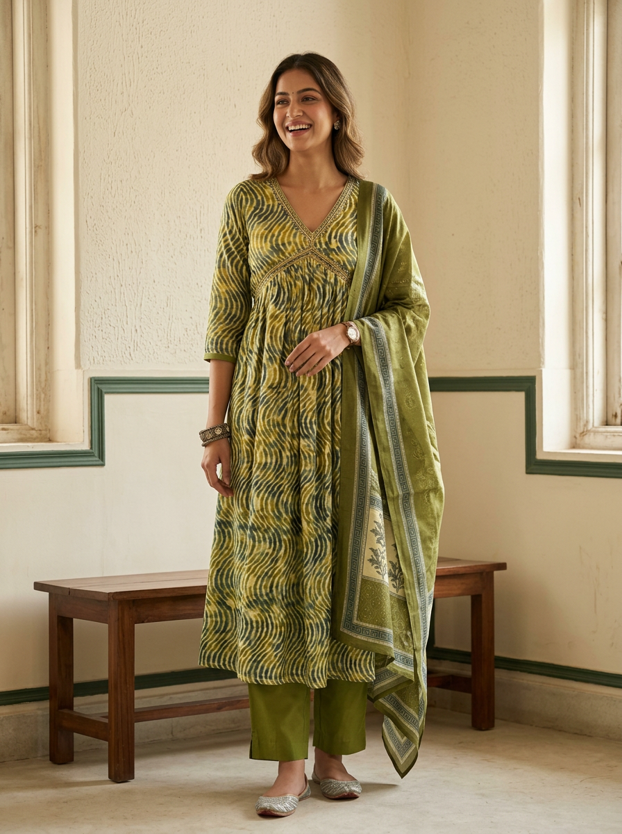 Muslin Lehriya Alia Cut Anarkali Suit Set