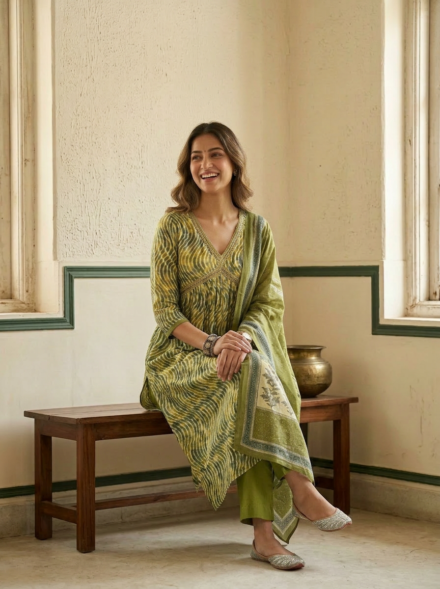 Muslin Lehriya Alia Cut Anarkali Suit Set