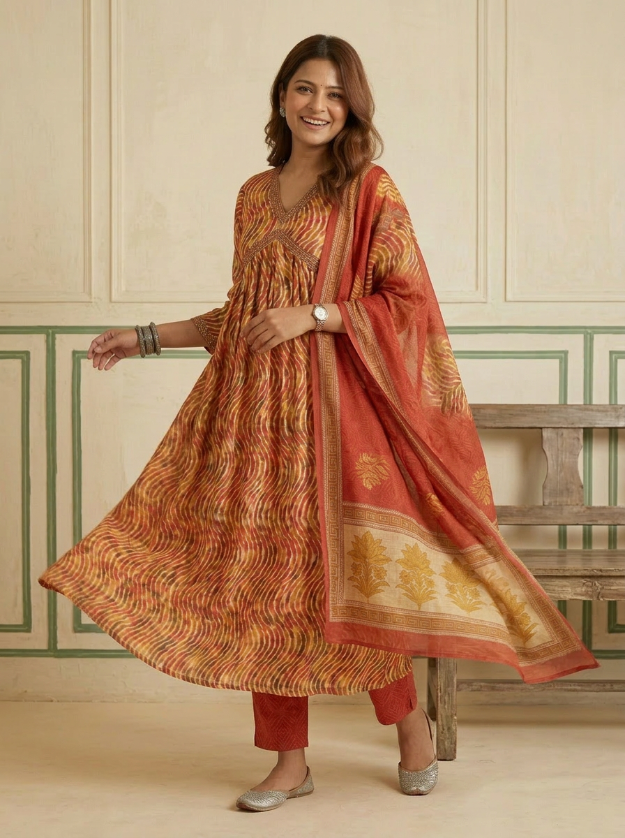 Muslin Lehriya Alia Cut Anarkali Suit Set