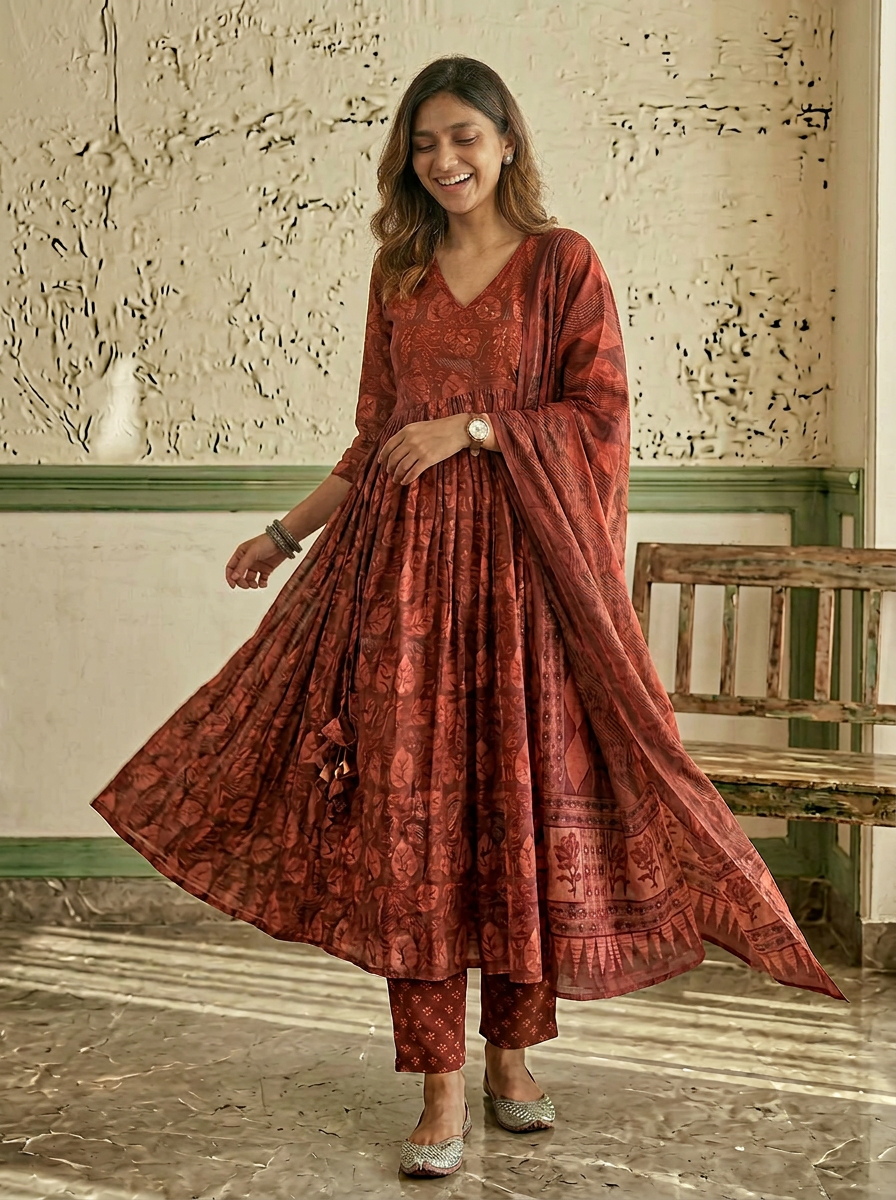 Dabu Print Cotton Alia Cut Anarkali Suit Set
