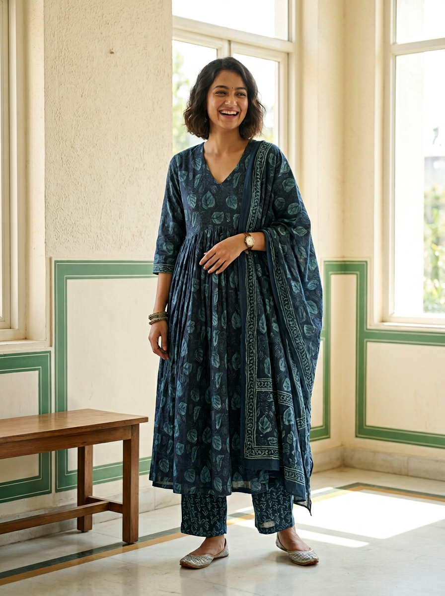 Dabu Print Cotton Alia Cut Anarkali Suit Set