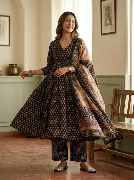 Ajrak Print Alia Cut Cotton Anarkali Suit Set