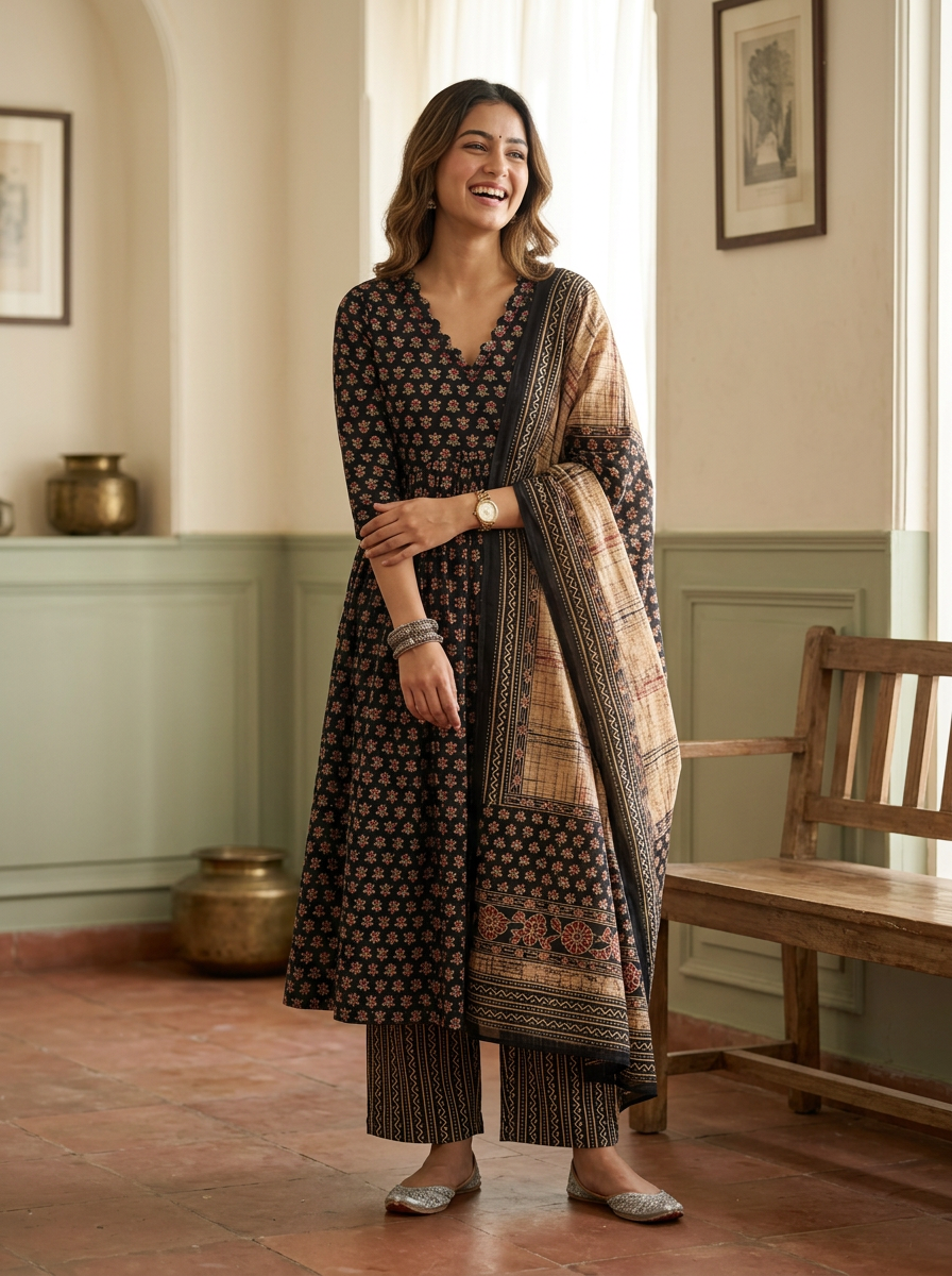 Ajrak Print Alia Cut Cotton Anarkali Suit Set