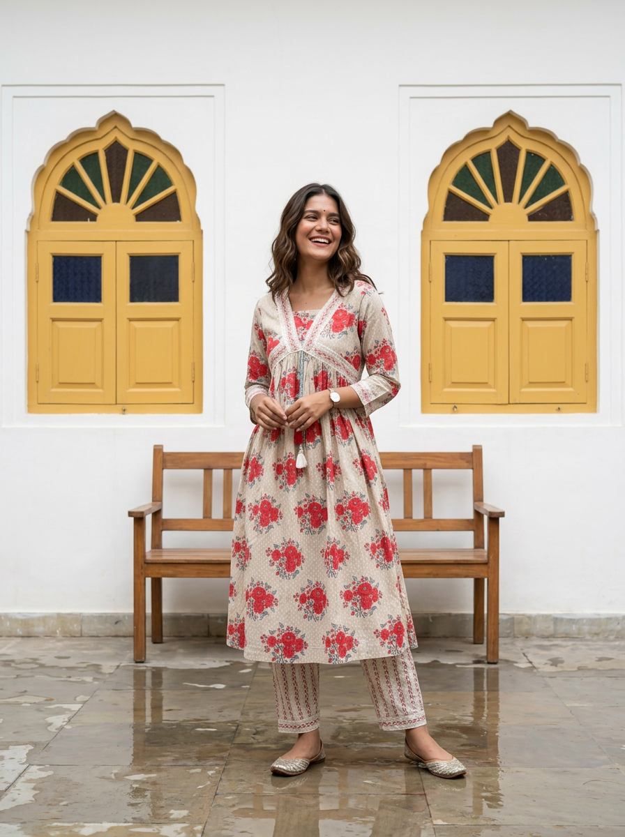 Floral Print Cotton Anarkali Suit Set