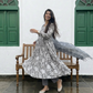 Grey Hand-block Anarkali Suit Set with Kota Doriya Dupatta