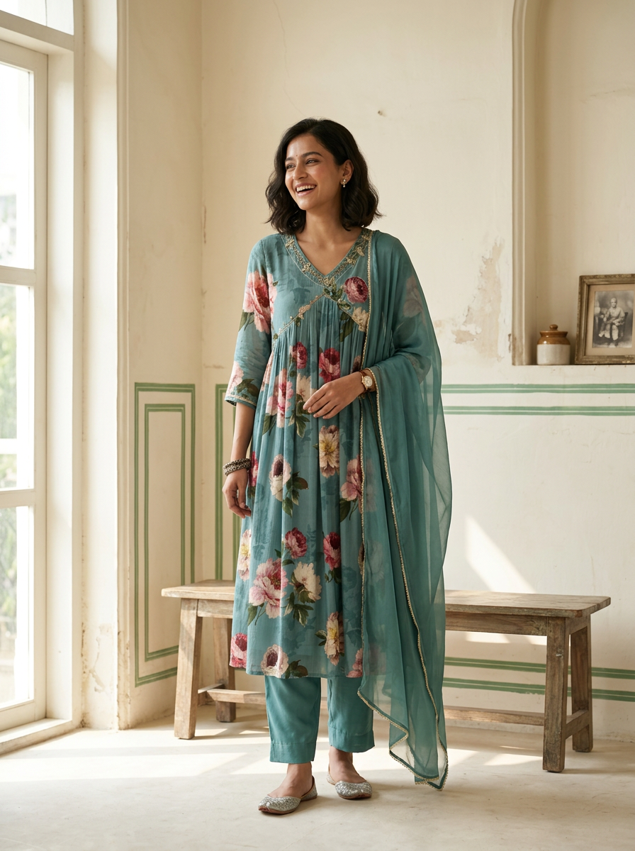 Green chinon Alia cut with dupatta