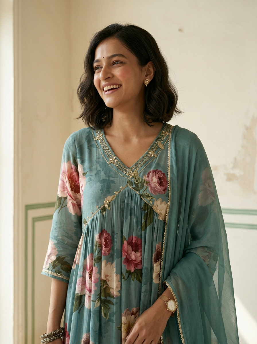 Green chinon Alia cut with dupatta