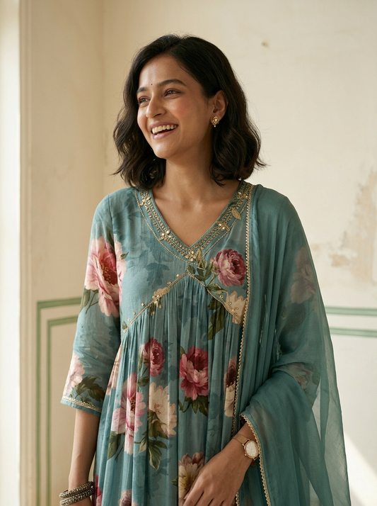 Green chinon Alia cut with dupatta