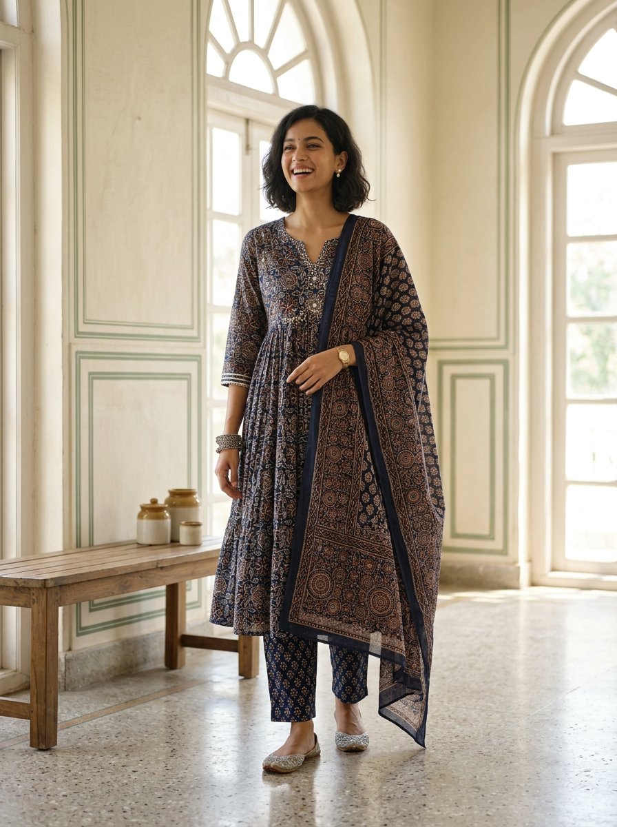 Blue kalamkari Print Anarkali with Printed Dupatta