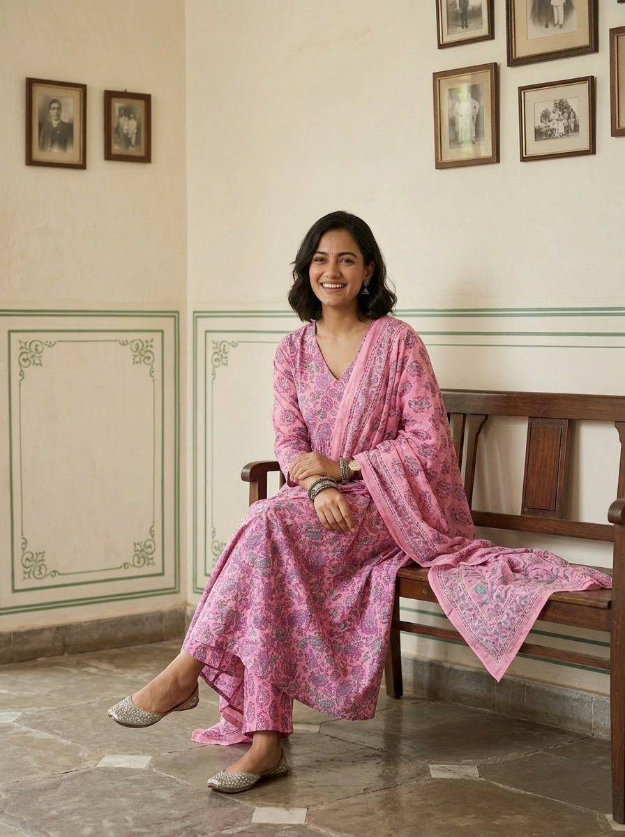 Pink Floral Alia Cut Anarkali Suit Set