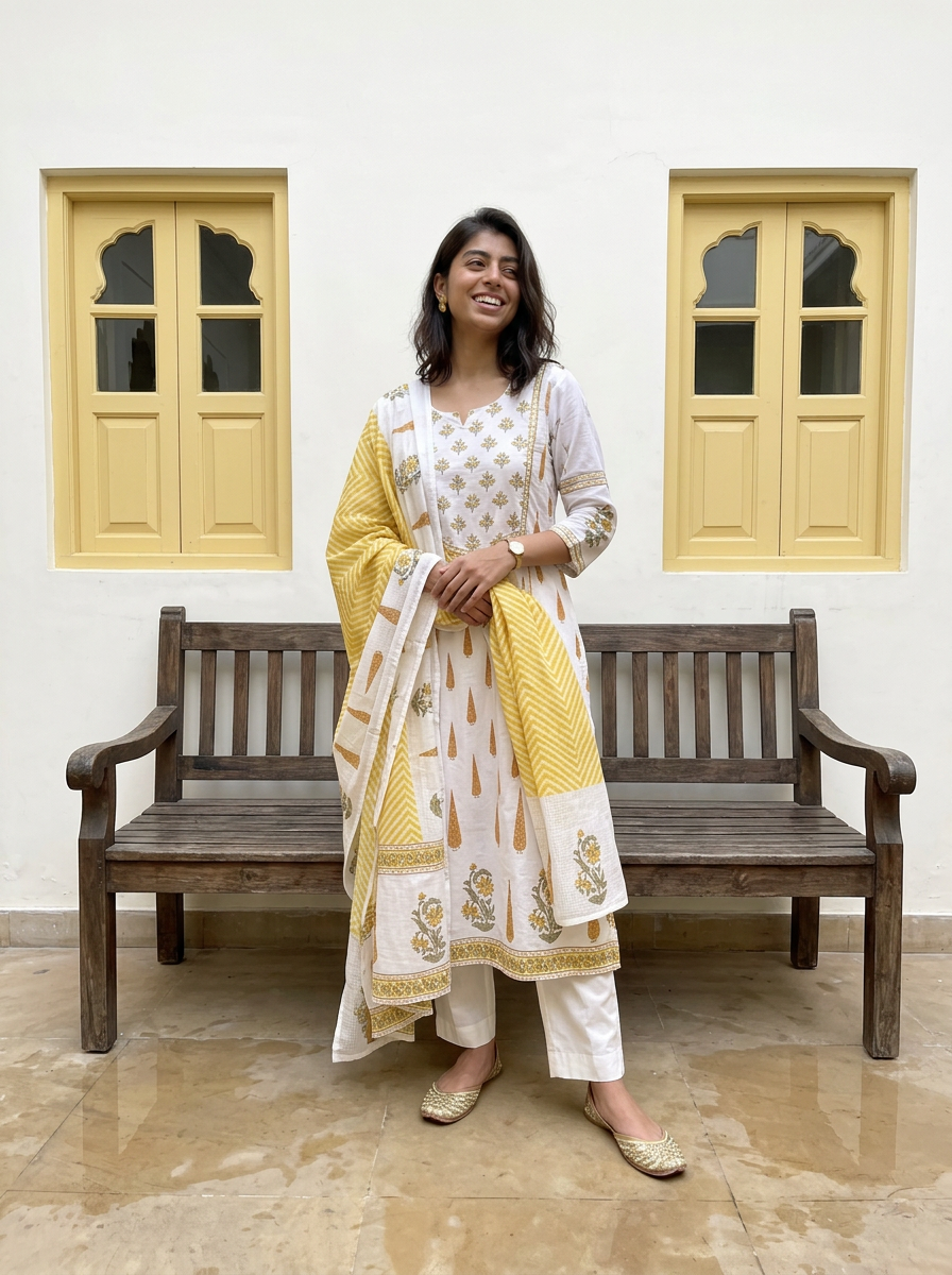 Yellow Floral Print Cotton Anarkali Suit Set