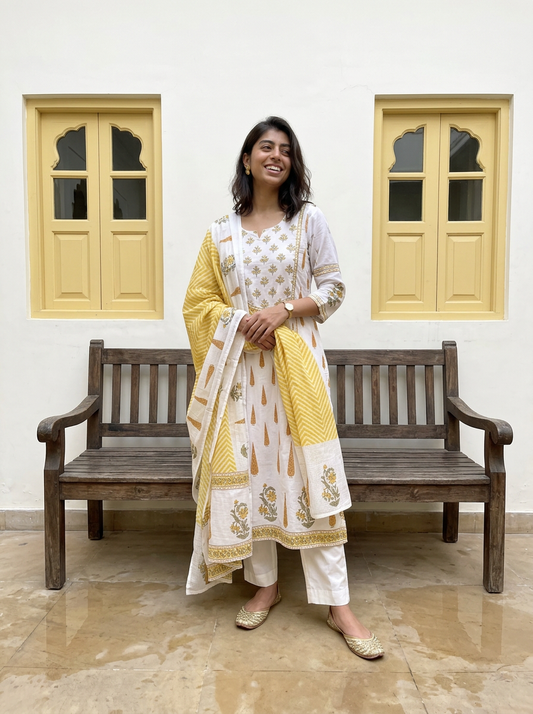Yellow Floral Print Cotton Anarkali Suit Set