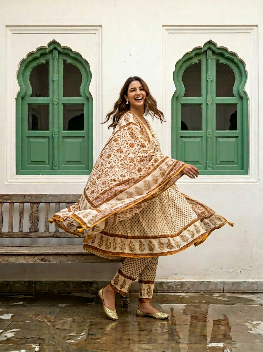 Printed Cotton Anarkali Suit Set