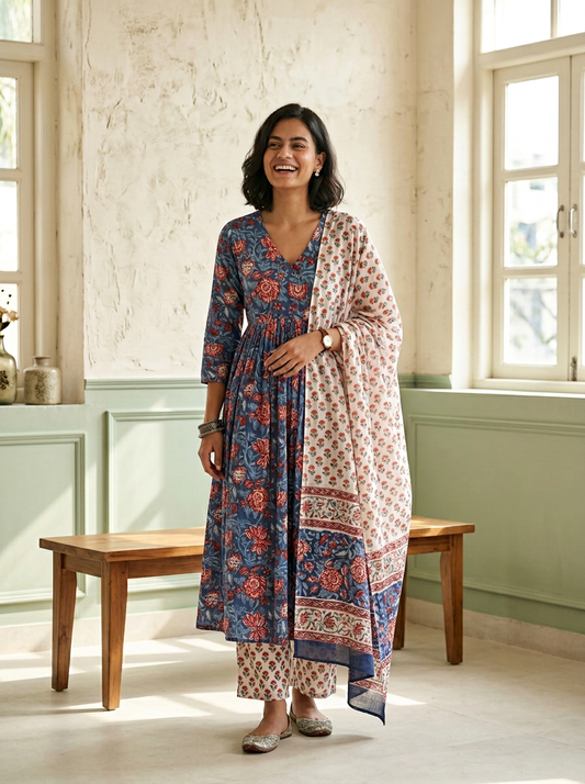 Floral Handblock Printed Cotton Anarkali