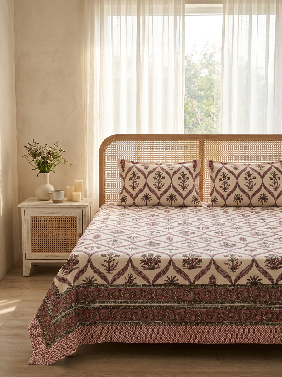 Pure Cotton Bagh Print Bedsheet (Pink)