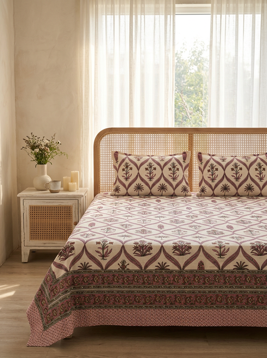 Pure Cotton Bagh Print Bedsheet (Pink)