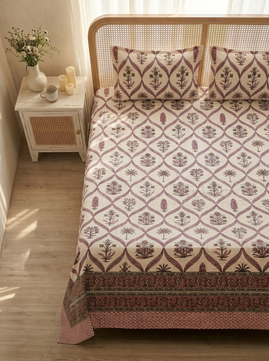 Pure Cotton Bagh Print Bedsheet (Pink)