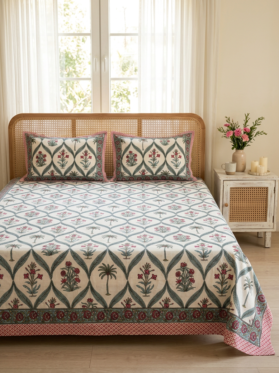 Pure Cotton Bagh Print Bedsheet (Blue)