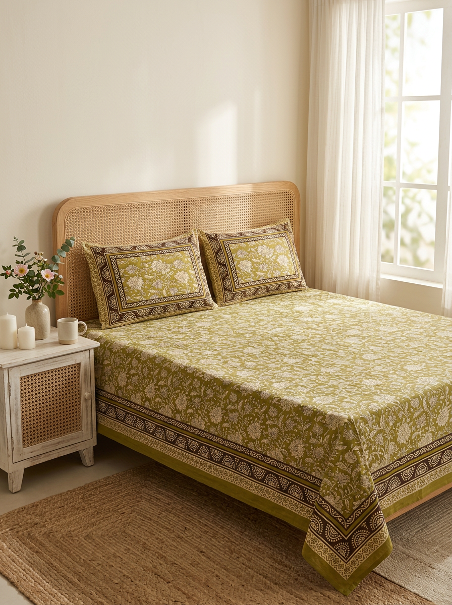 Pure Cotton Floral Block Print Bedsheet (Olive Green)