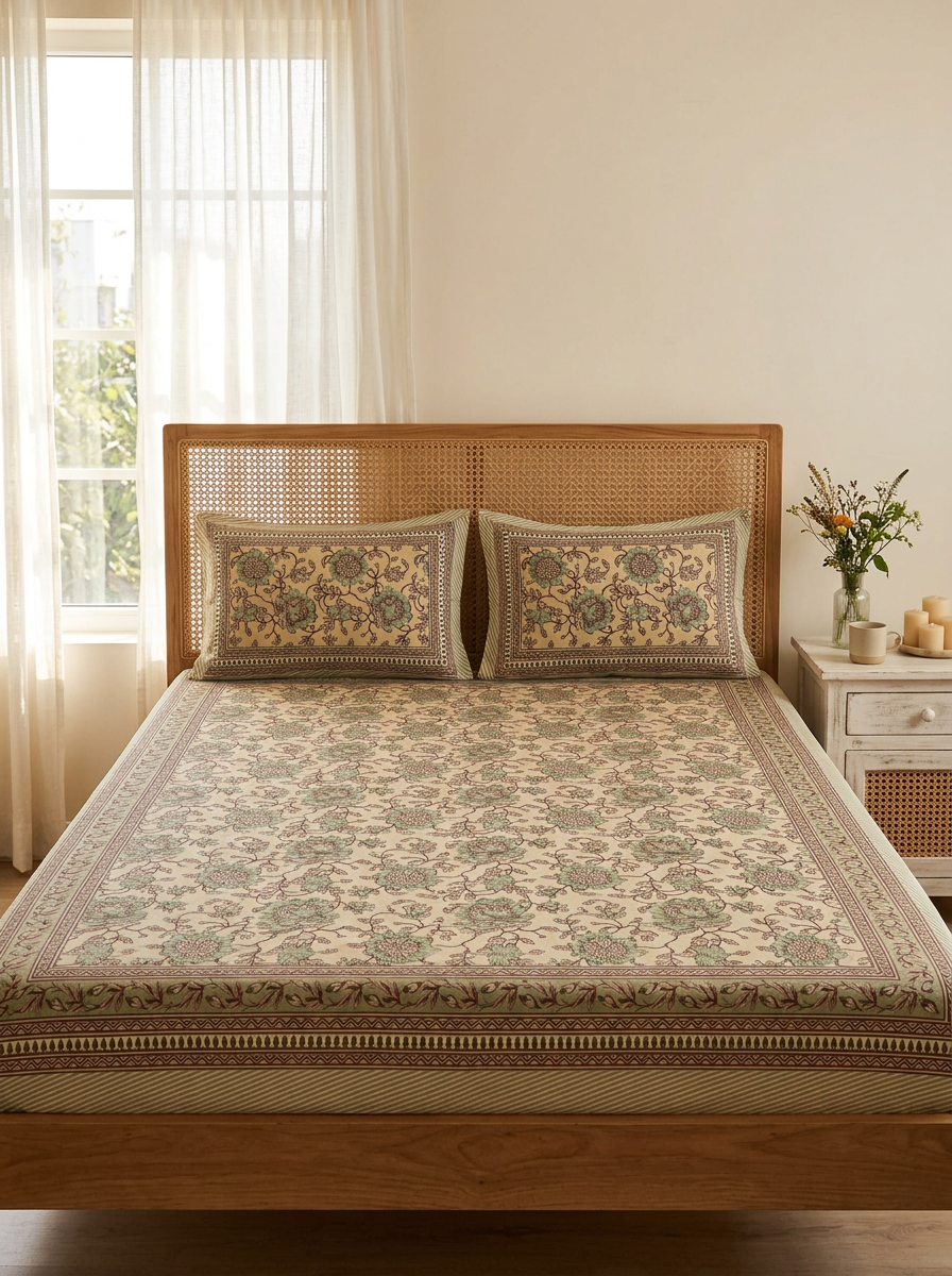 Hand Block Floral Cotton Bedsheet (Sage Green)