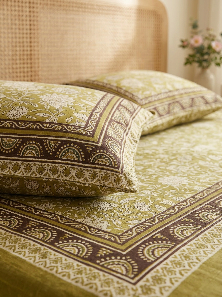 Pure Cotton Floral Block Print Bedsheet (Olive Green)