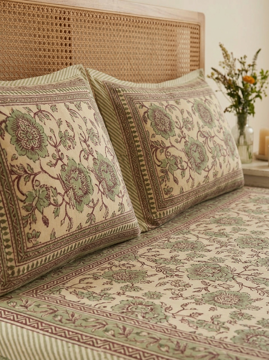 Hand Block Floral Cotton Bedsheet (Sage Green)