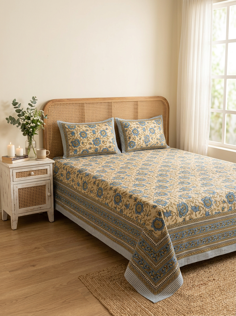 Hand Block Floral Cotton Bedsheet (Blue)
