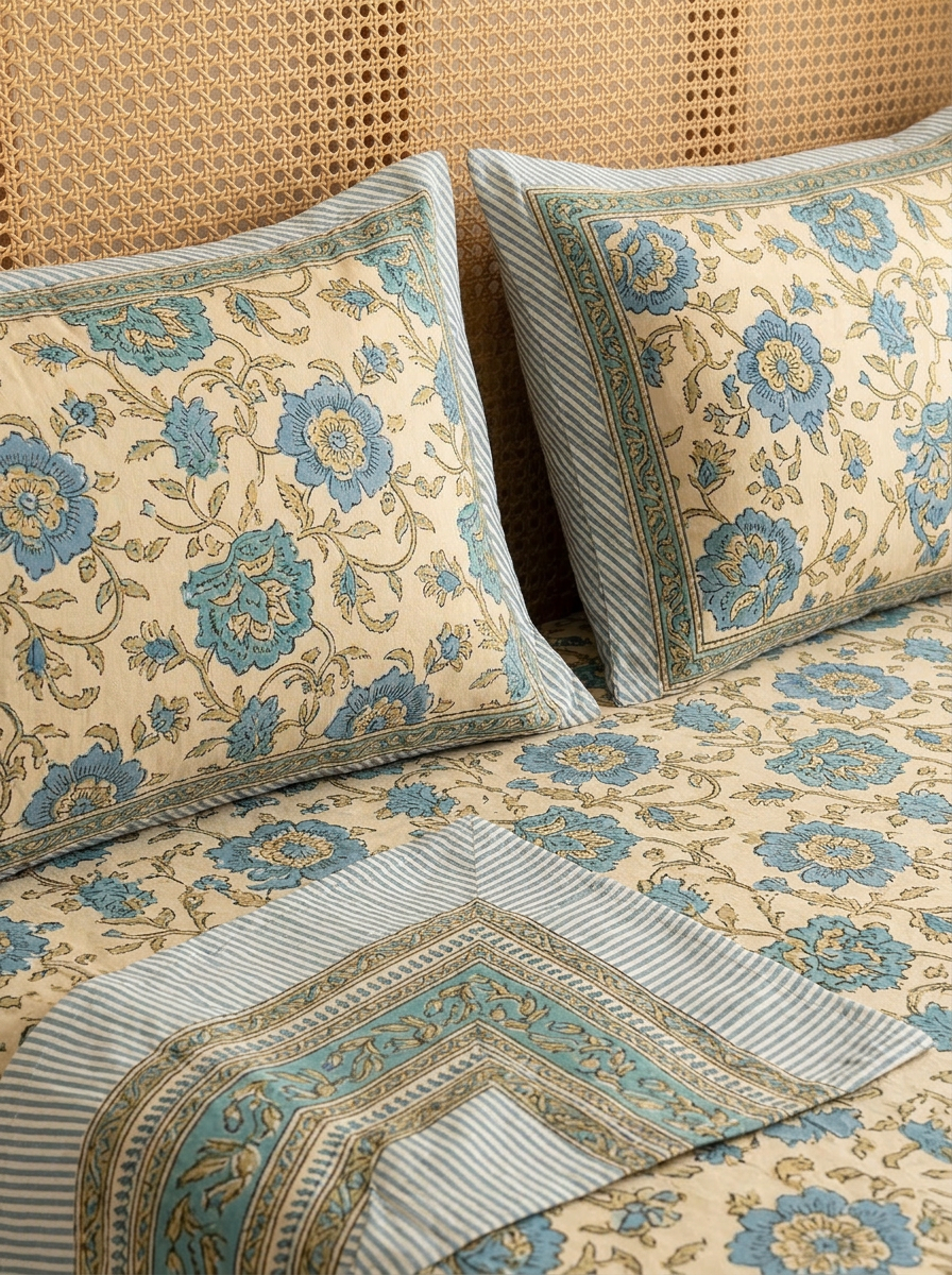 Hand Block Floral Cotton Bedsheet (Blue)