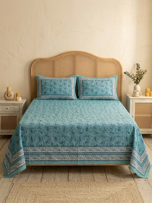 Floral Block Print Cotton Bedsheet Set (Teal Blue)