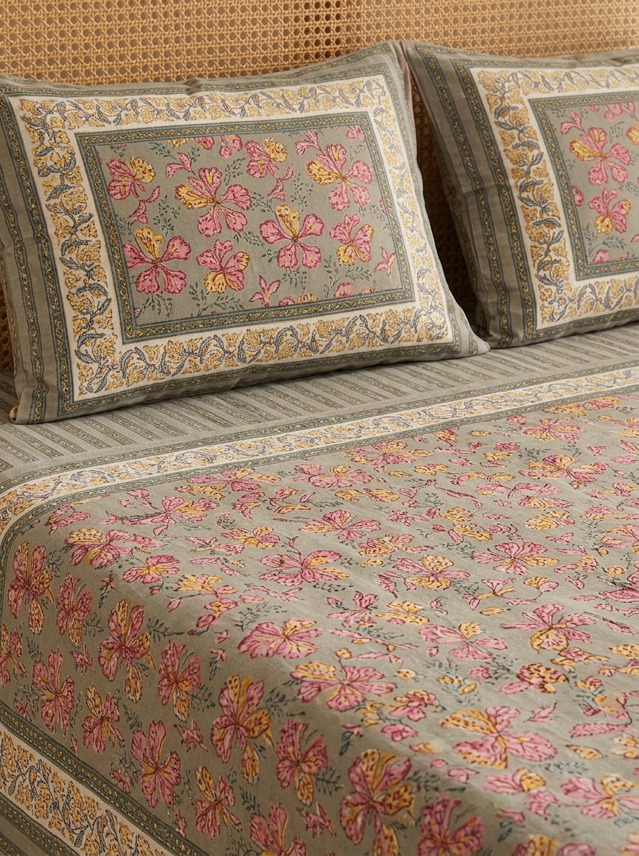Floral Block Print Cotton Bedsheet Set (Grey)