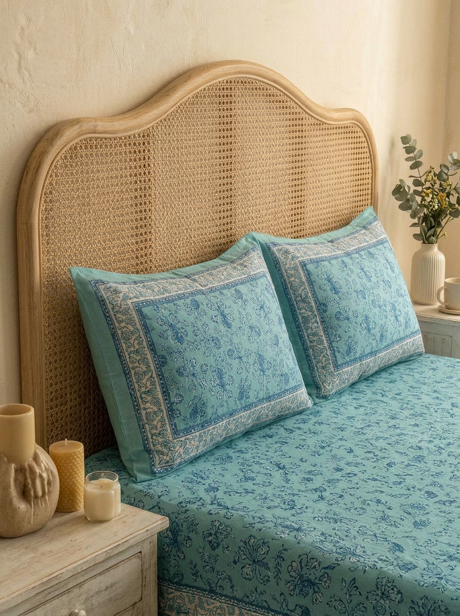 Floral Block Print Cotton Bedsheet Set (Teal Blue)