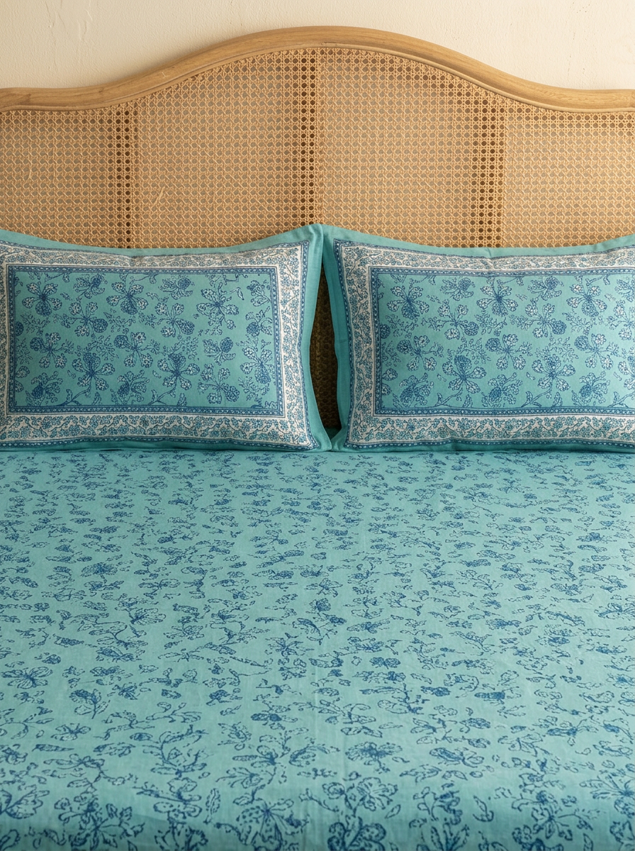 Floral Block Print Cotton Bedsheet Set (Teal Blue)