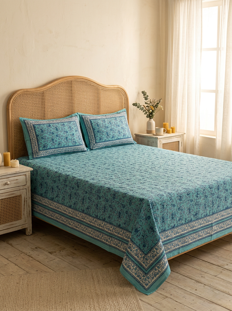 Floral Block Print Cotton Bedsheet Set (Teal Blue)