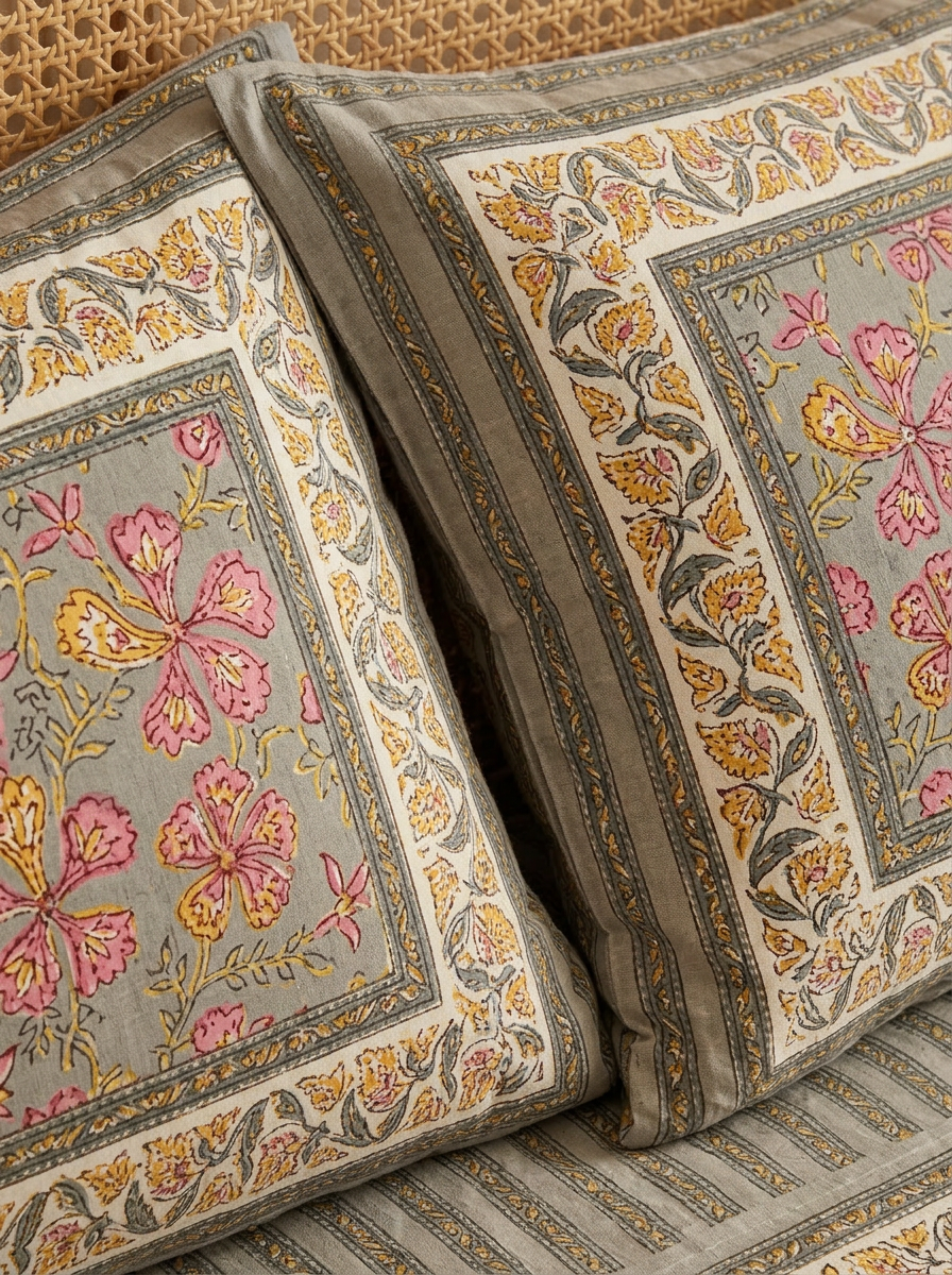 Floral Block Print Cotton Bedsheet Set (Grey)