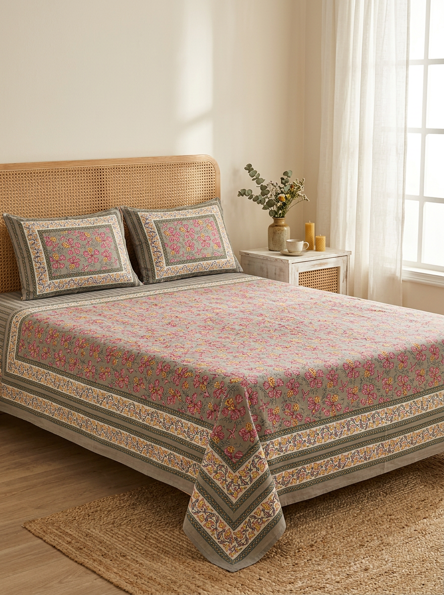 Floral Block Print Cotton Bedsheet Set (Grey)
