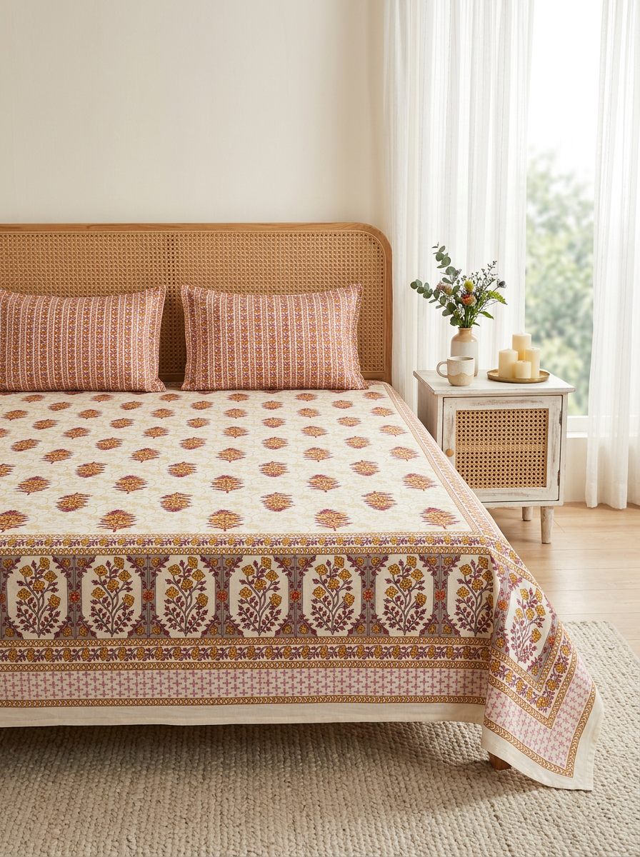 Floral Block Print Cotton Bedsheet Set