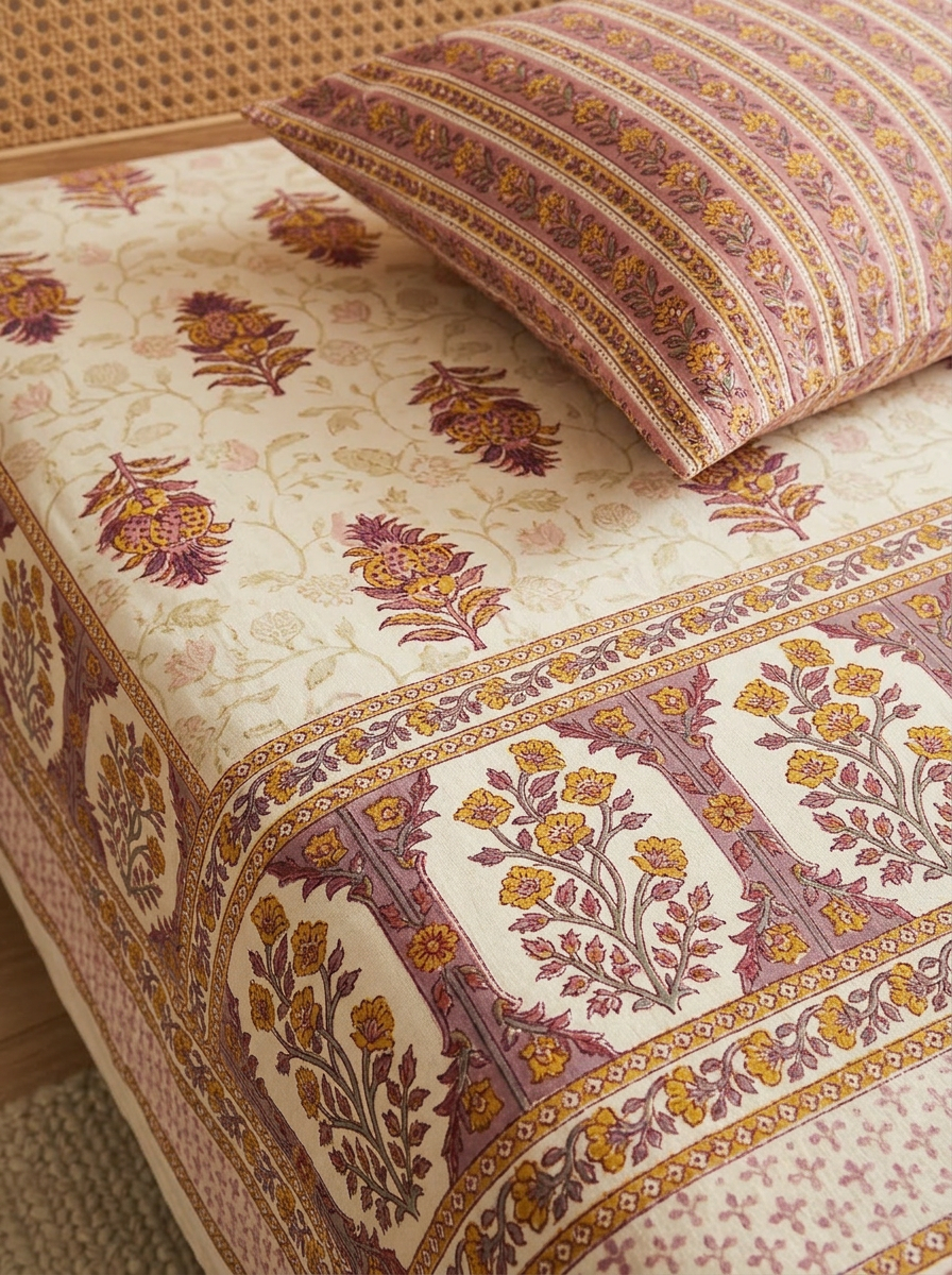 Floral Block Print Cotton Bedsheet Set