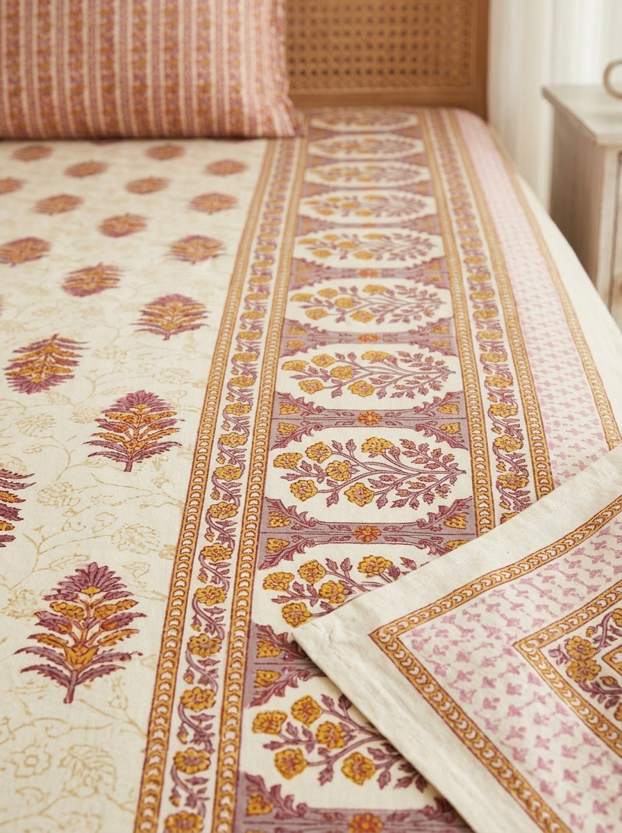 Floral Block Print Cotton Bedsheet Set