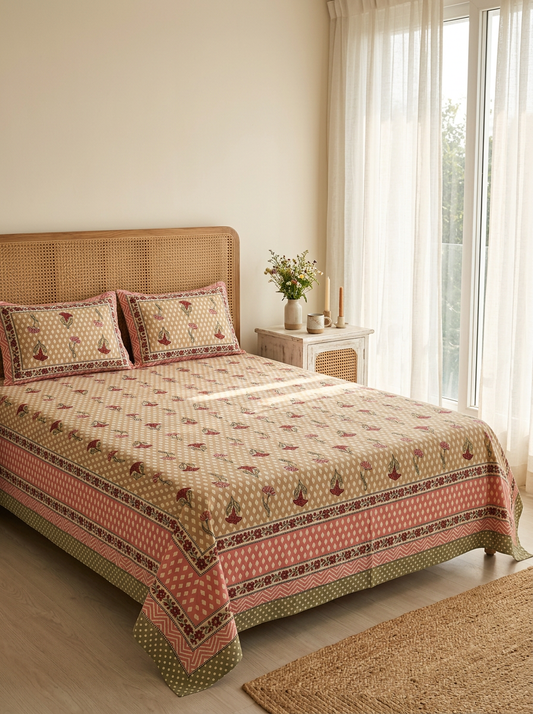 Floral Block Print Cotton Bedsheet Set (Beige & Rust)