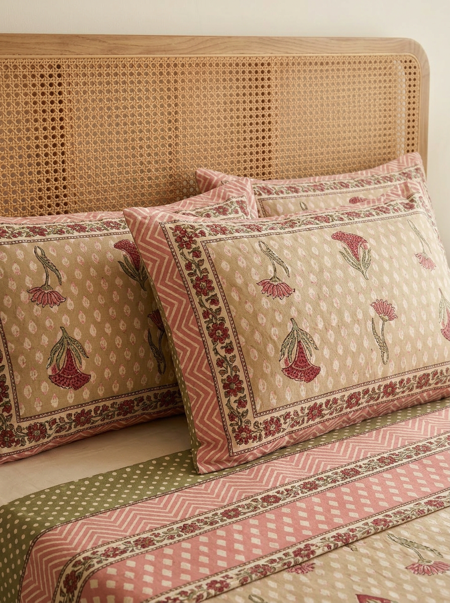 Floral Block Print Cotton Bedsheet Set (Beige & Rust)