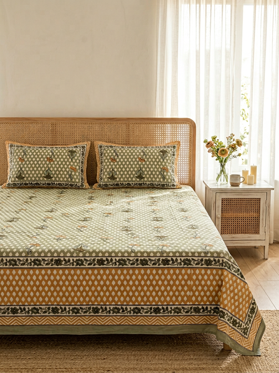 Olive & Mustard Butah Print Cotton Bedsheet Set