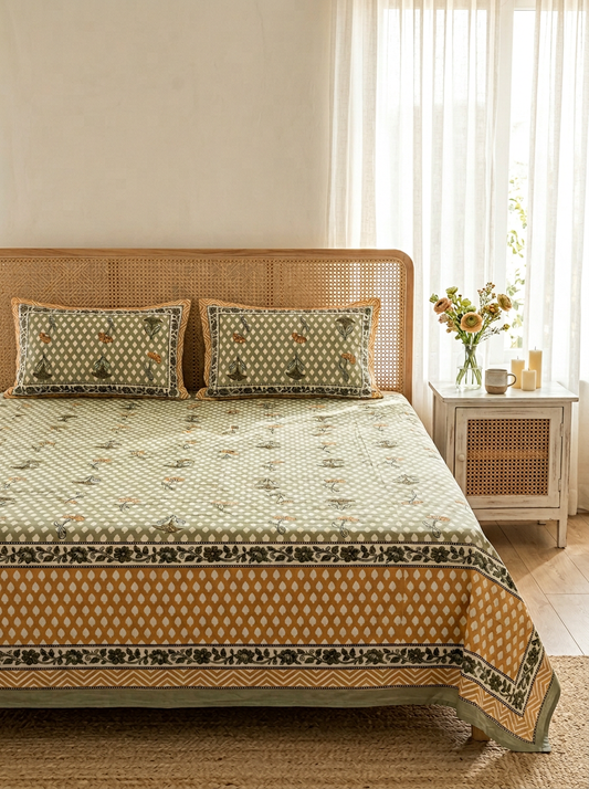 Olive & Mustard Butah Print Cotton Bedsheet Set