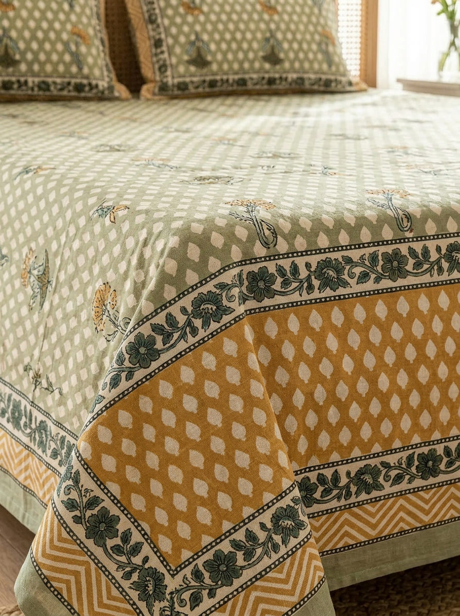 Olive & Mustard Butah Print Cotton Bedsheet Set