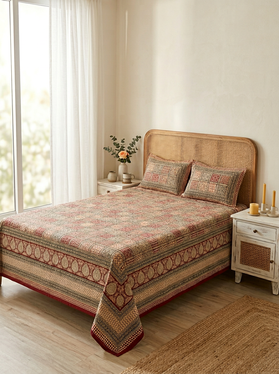 Maroon & Black Geometric Print Cotton Bedsheet Set