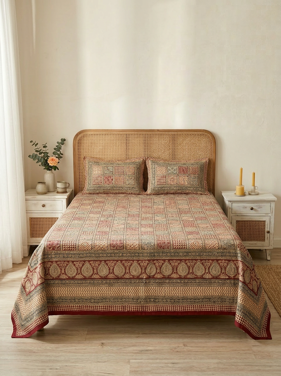 Maroon & Black Geometric Print Cotton Bedsheet Set