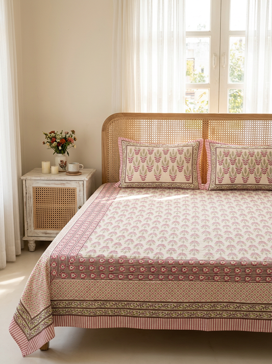 Pink Floral Butah Print Cotton Bedsheet Set