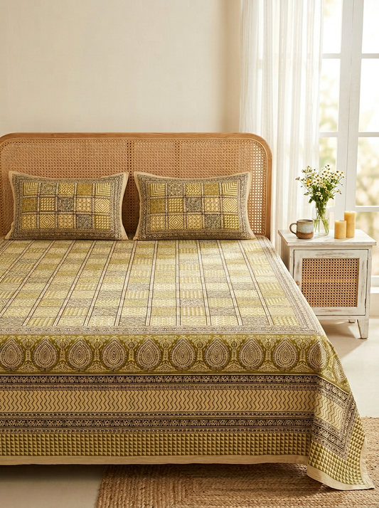 Olive Green Geometric Print Cotton Bedsheet Set