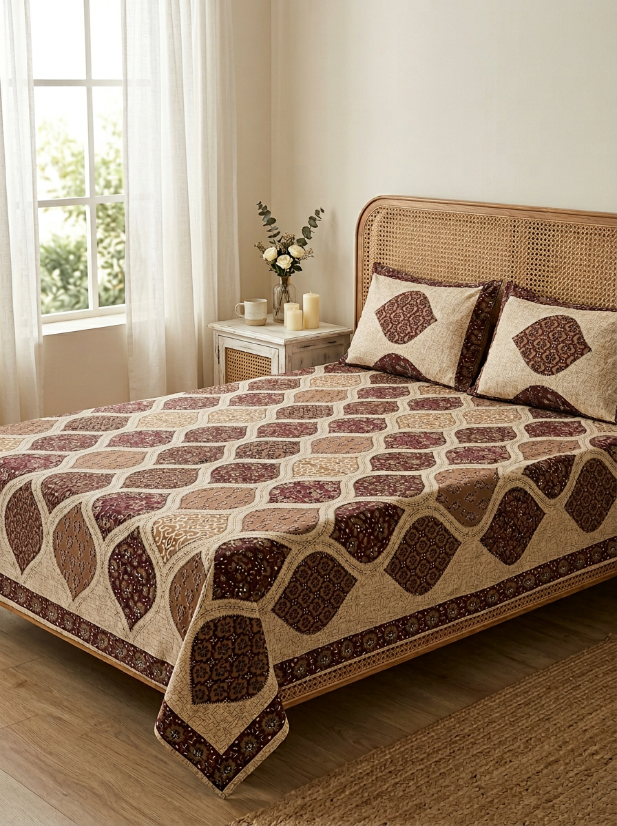 Brown Patchwork Print Cotton Bedsheet Set